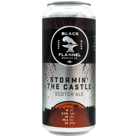 Stowe Public House & Bottle Shop Black Flannel Stormin' the Castle Scotch Ale can. Rich malt, toffee, and caramel notes.