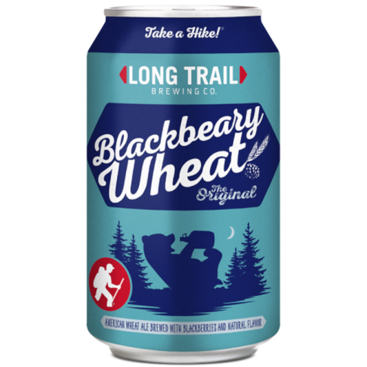 Stowe Public House & Bottle Shop Long Trail Brewing Co. Blackberry Wheat ale can. Features a bear and hiker silhouette.
