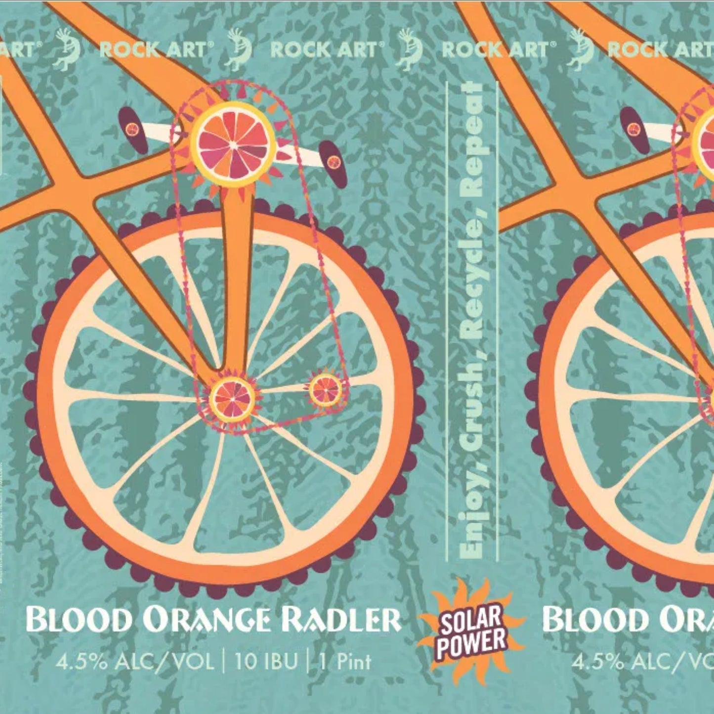Stowe Public House & Bottle Shop Rock Art Blood Orange Radler beer label with a bicycle wheel design and citrus fruit.