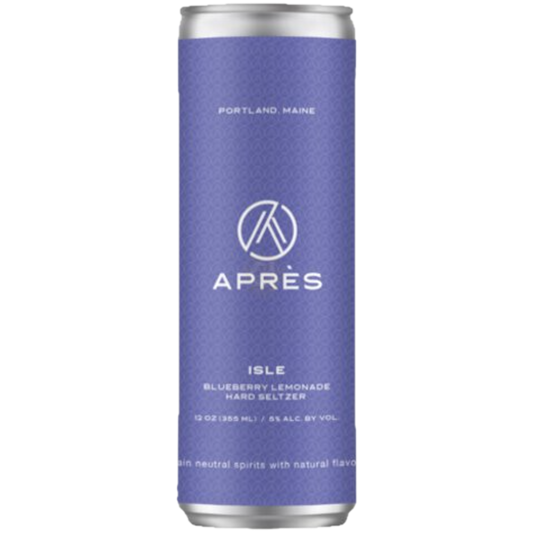 Stowe Public House & Bottle Shop Apres Isle Blueberry Lemonade Hard Seltzer can. Purple can with white text and logo.