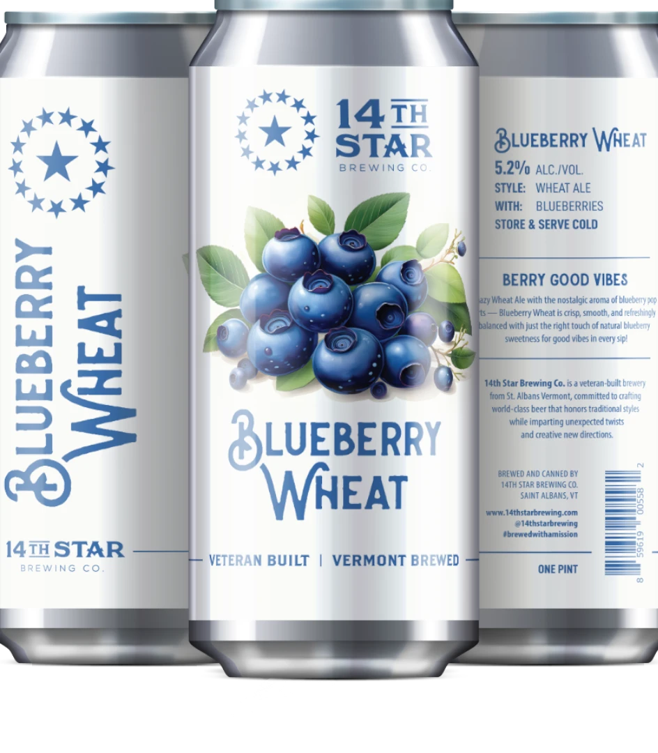 Stowe Public House & Bottle Shop 14th Star Brewing Co. Blueberry Wheat ale can with blueberries and leaves illustration.