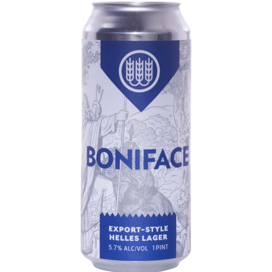 Stowe Public House & Bottle Shop Boniface Export-Style Helles Lager can. Golden lager with balanced malt and hops.