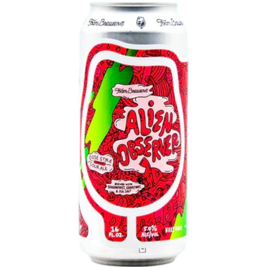Stowe Public House & Bottle Shop Foam Brewers Alien Observer Gose sour ale can with dragon fruit and grapefruit art