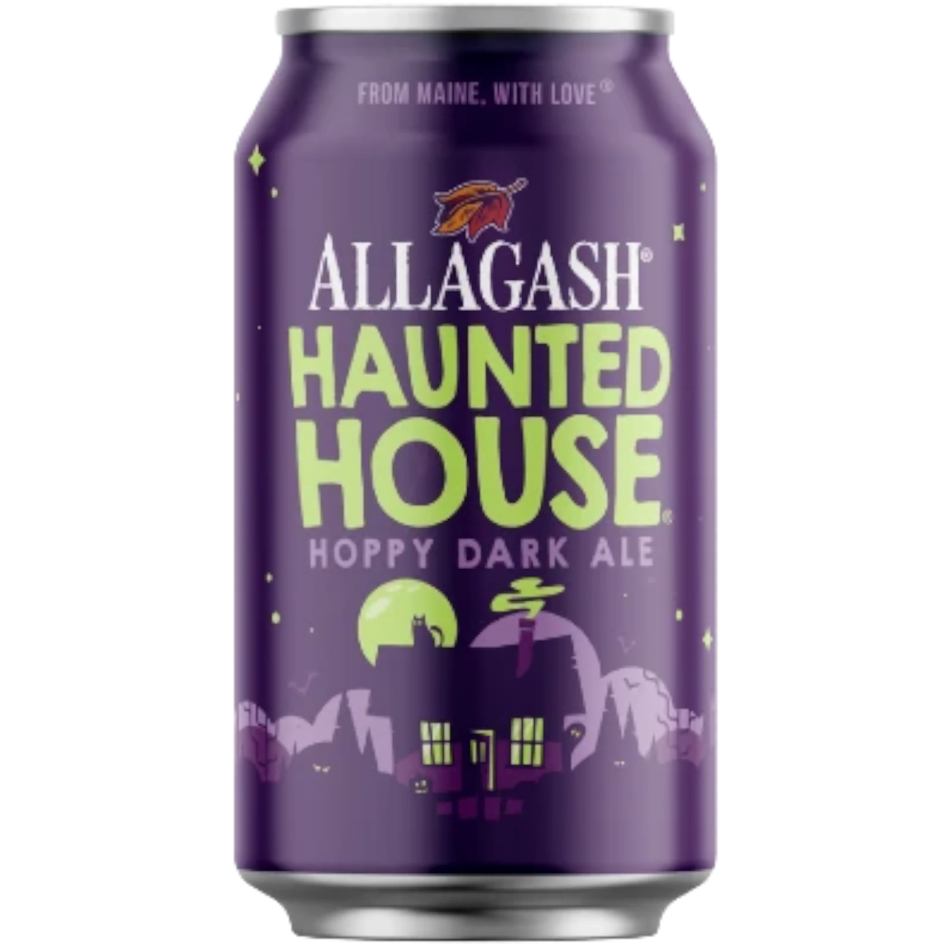 Stowe Public House & Bottle Shop Allagash Haunted House dark ale can with purple label and spooky house illustration