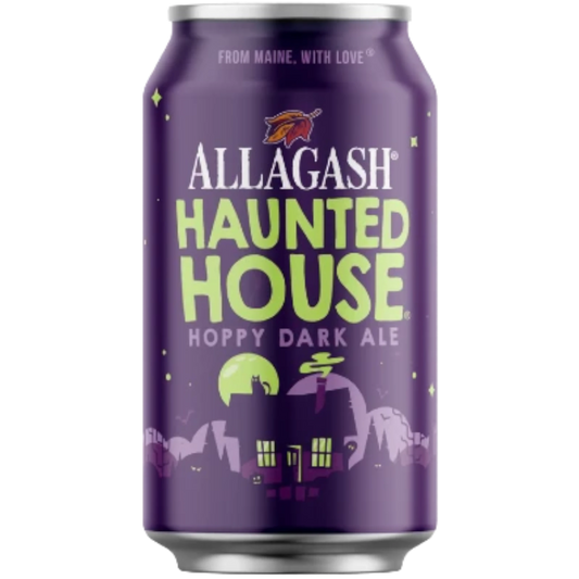 Stowe Public House & Bottle Shop Allagash Haunted House dark ale can with purple label and spooky house illustration