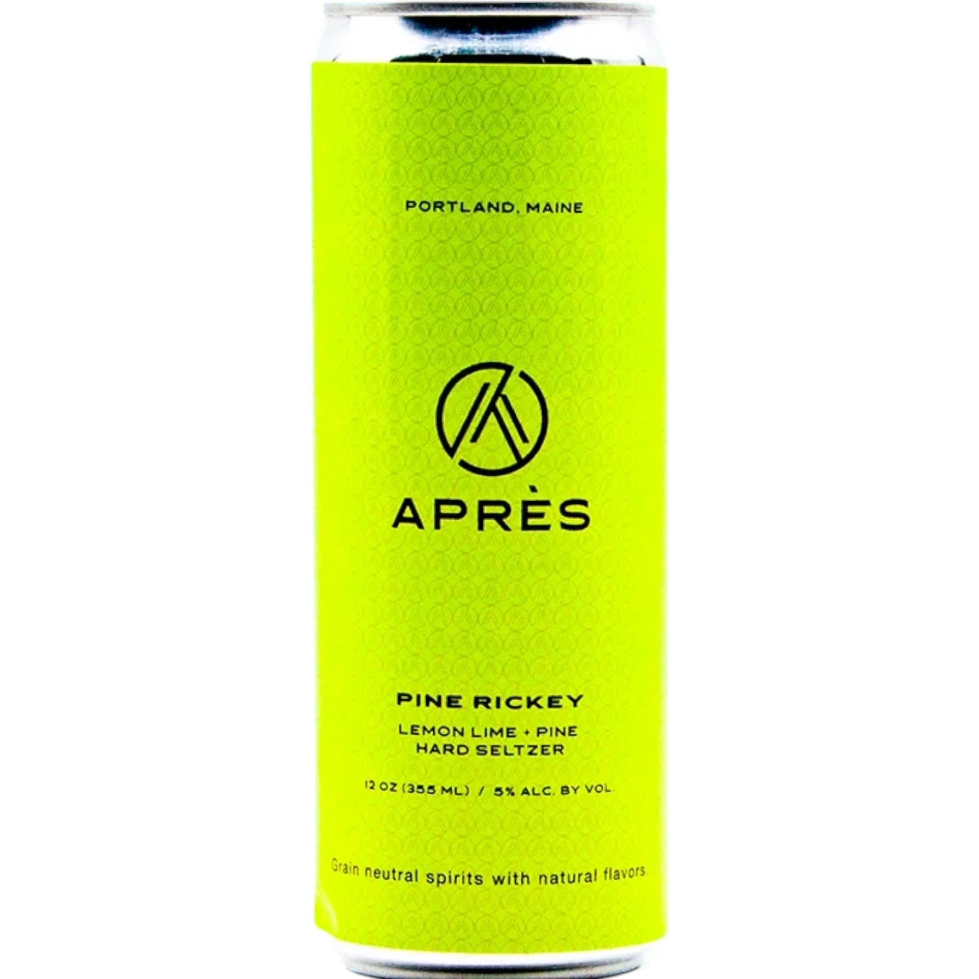 Stowe Public House & Bottle Shop Apres Pine Rickey hard seltzer in a bright neon yellow 12oz can with lime and pine