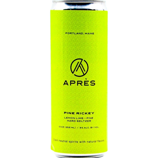 Stowe Public House & Bottle Shop Apres Pine Rickey hard seltzer in a bright neon yellow 12oz can with lime and pine