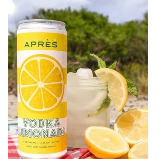 Stowe Public House & Bottle Shop Apres Vodka Lemonade hard seltzer can next to a glass with ice and fresh lemon slices