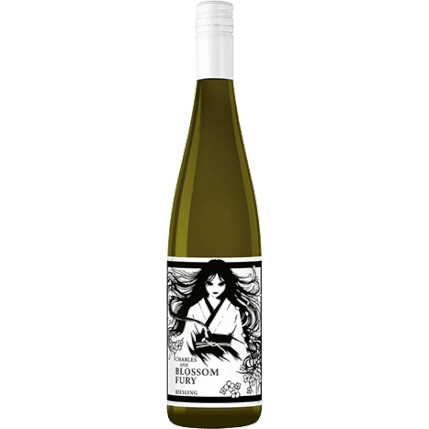 Stowe Public House & Bottle Shop Novel Wines Blossom Fury Riesling bottle with a white cap and a label featuring a black and white illustration of a woman with long flowing hair.