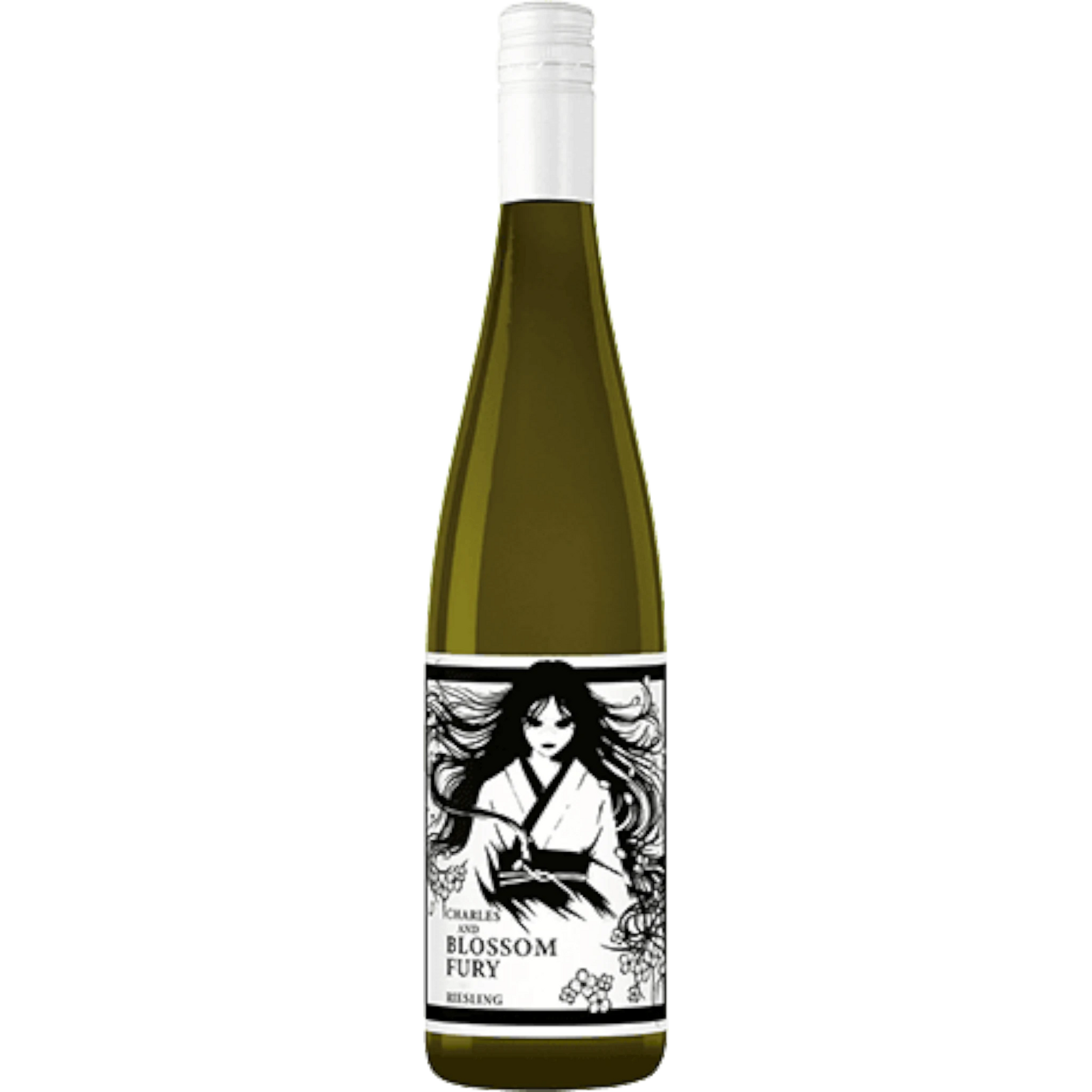 Stowe Public House & Bottle Shop Novel Wines Blossom Fury Riesling bottle with a white cap and a label featuring a black and white illustration of a woman with long flowing hair.