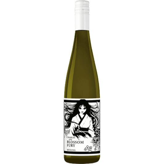 Stowe Public House & Bottle Shop Novel Wines Blossom Fury Riesling bottle with a white cap and a label featuring a black and white illustration of a woman with long flowing hair.