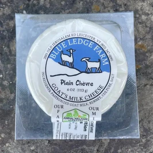 Stowe Public House & Bottle Shop 4 oz Blue Ledge Farm plain fresh goat cheese medallion in vacuum-sealed packaging.