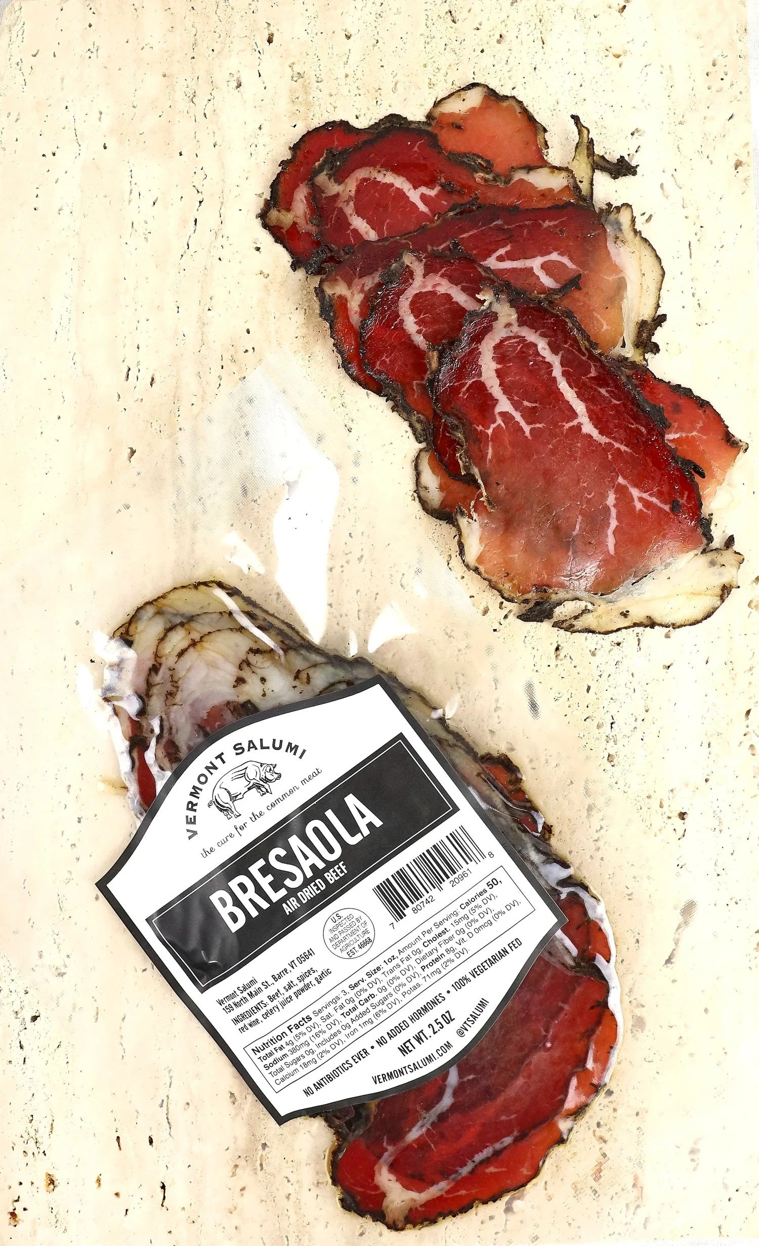 Stowe Public House & Bottle Shop Vermont Salumi Bresaola air-dried beef, thinly sliced with visible marbling and dark seasoning.