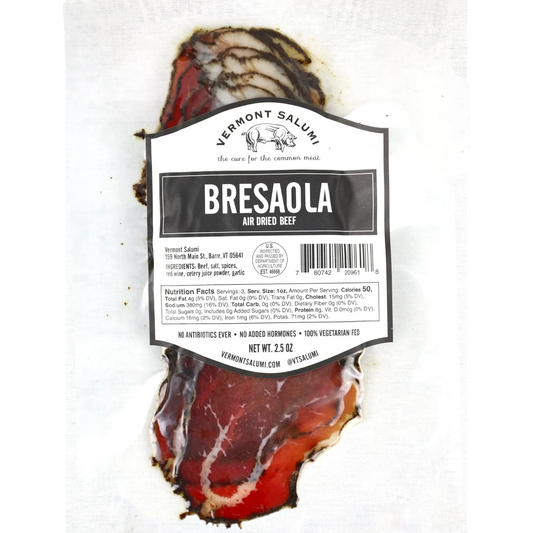 Stowe Public House & Bottle Shop Vermont Salumi Bresaola air-dried beef, seasoned with thyme, juniper, and black pepper.