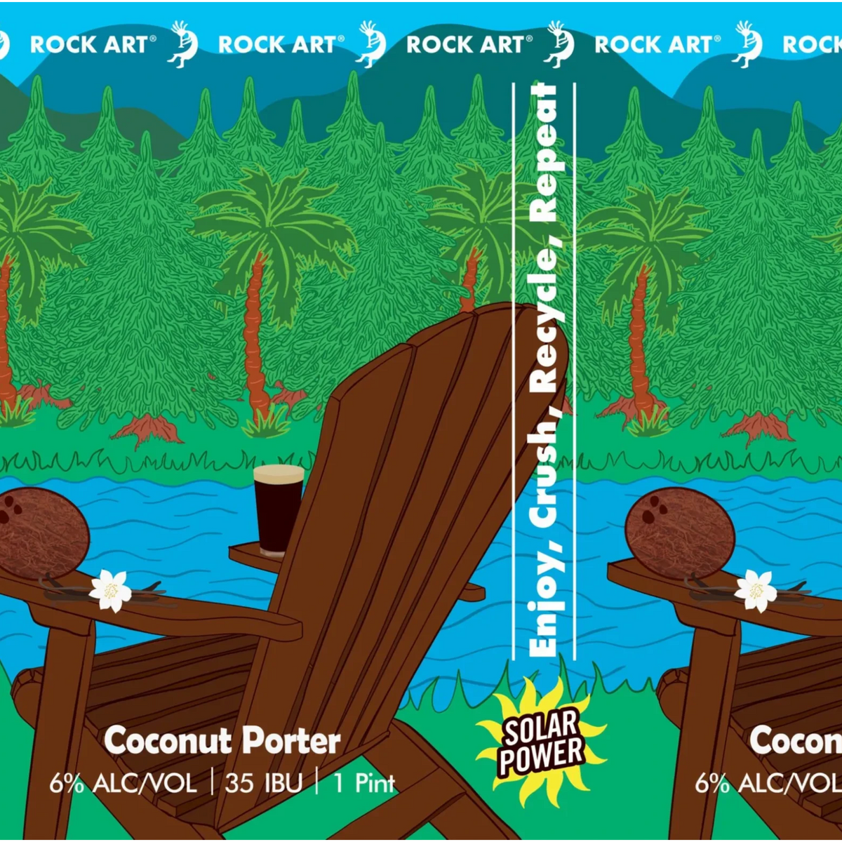 Stowe Public House & Bottle Shop Rock Art Coconut Porter beer label featuring Adirondack chairs and palm trees
