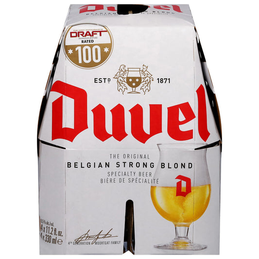 Stowe Public House & Bottle Shop 4-pack of Duvel Belgian Strong Blond Ale with iconic red logo and gold rating seal