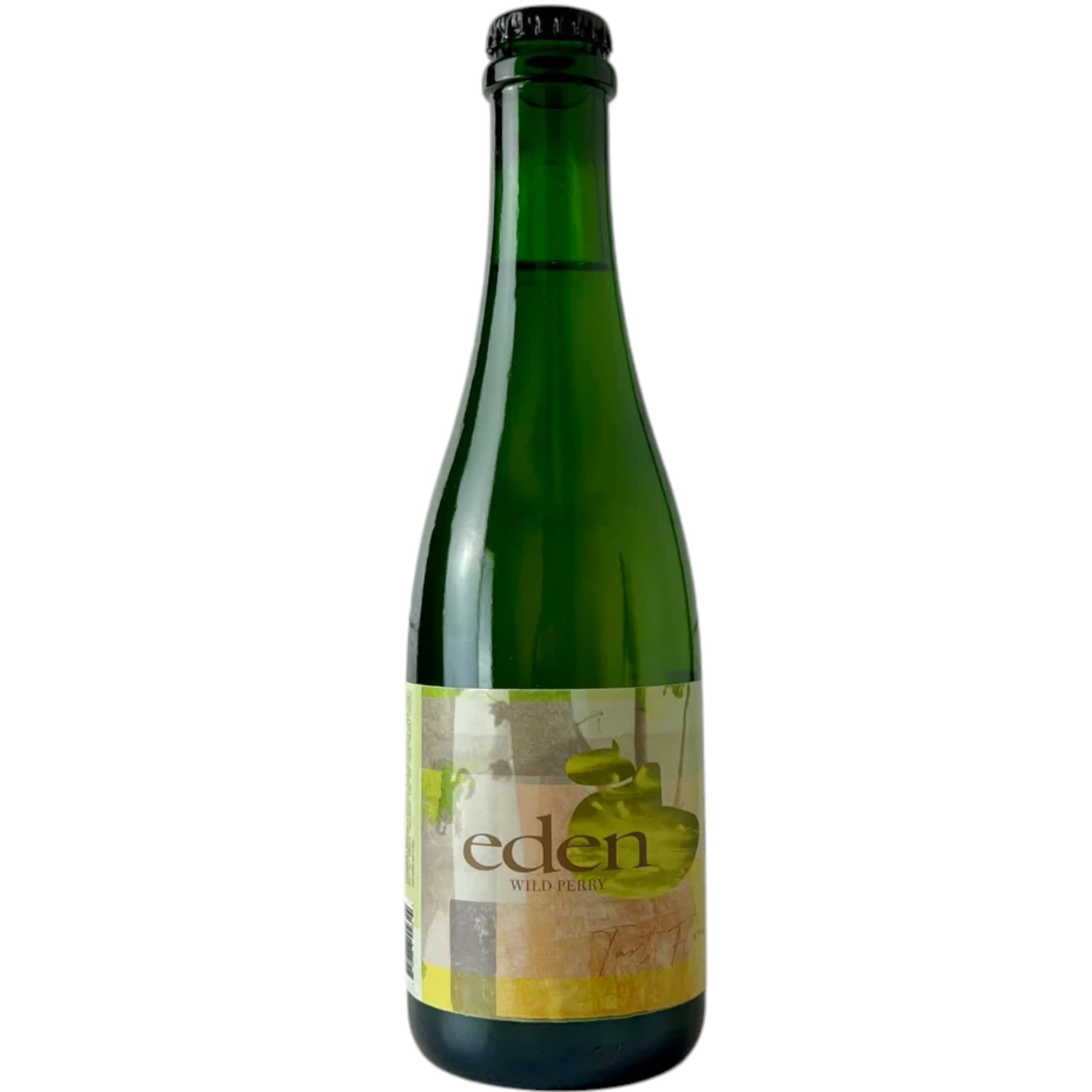 Stowe Public House & Bottle Shop Eden Wild Perry bottle with green glass and abstract label against white wood wall