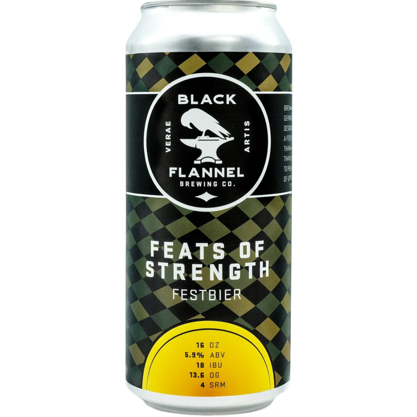 Stowe Public House & Bottle Shop Black Flannel Brewing Feats of Strength Festbier can with green checkered pattern