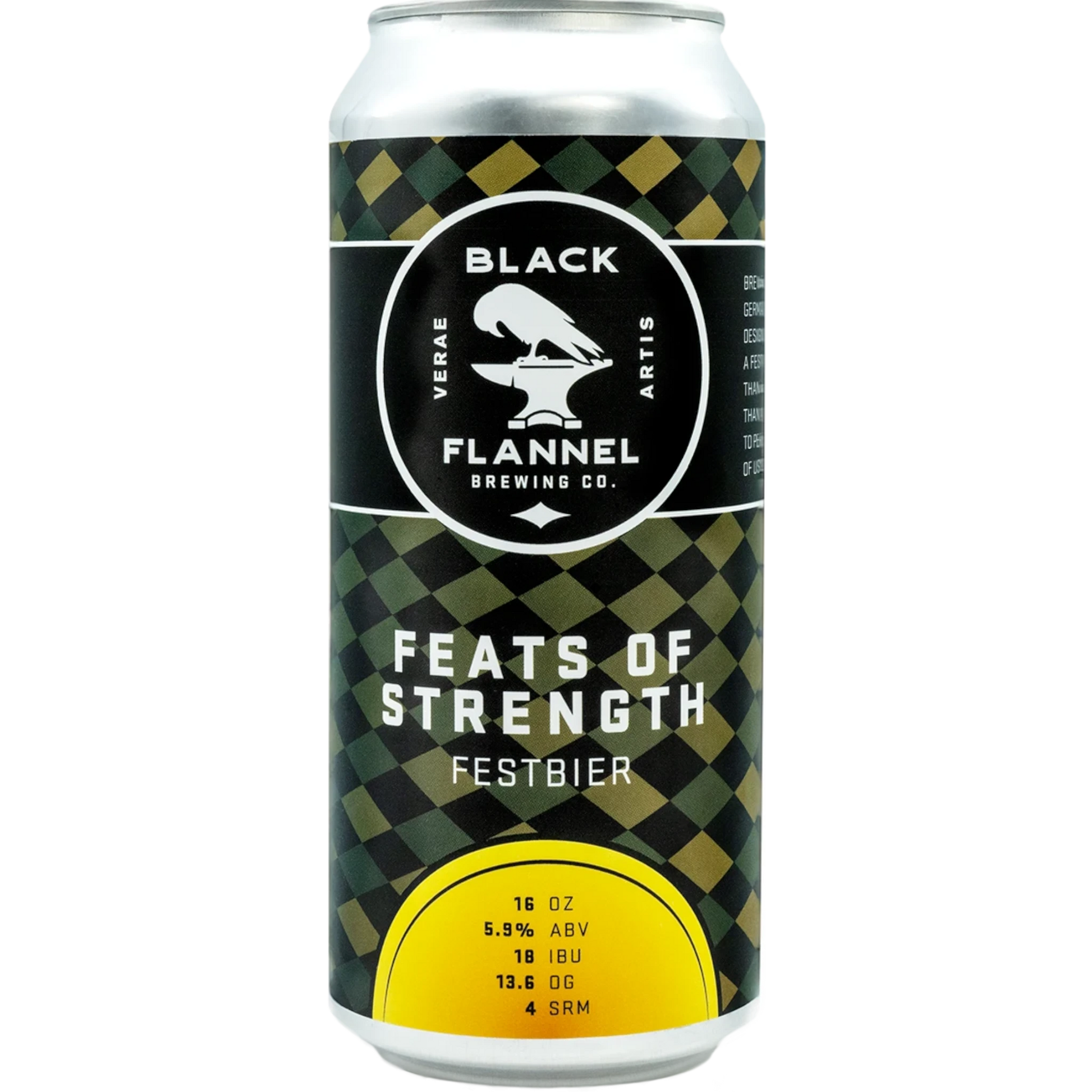 Stowe Public House & Bottle Shop Black Flannel Brewing Feats of Strength Festbier can with green checkered pattern