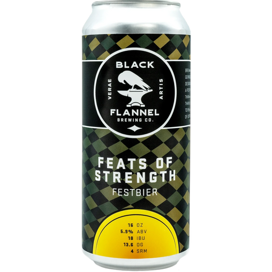 Stowe Public House & Bottle Shop Black Flannel Brewing Feats of Strength Festbier can with green checkered pattern