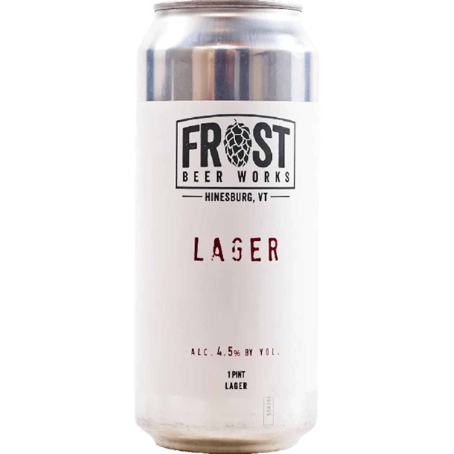 Stowe Public House & Bottle Shop Frost Beer Works light lager in a 16oz aluminum can with white and black branding.