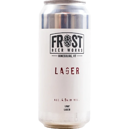 Stowe Public House & Bottle Shop Frost Beer Works light lager in a 16oz aluminum can with white and black branding.