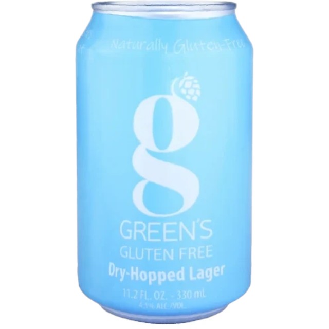Stowe Public House & Bottle Shop Green's Gluten Free Dry-Hopped Lager in a light blue 330ml aluminum can.