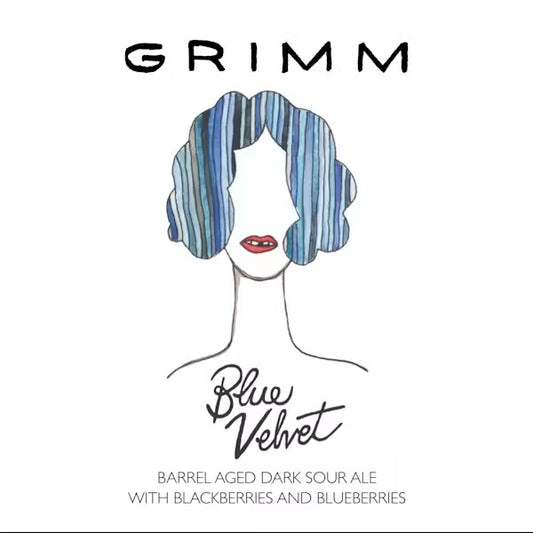 Stowe Public House & Bottle Shop Grimm Blue Velvet dark sour ale label featuring a stylized blue striped hair illustration