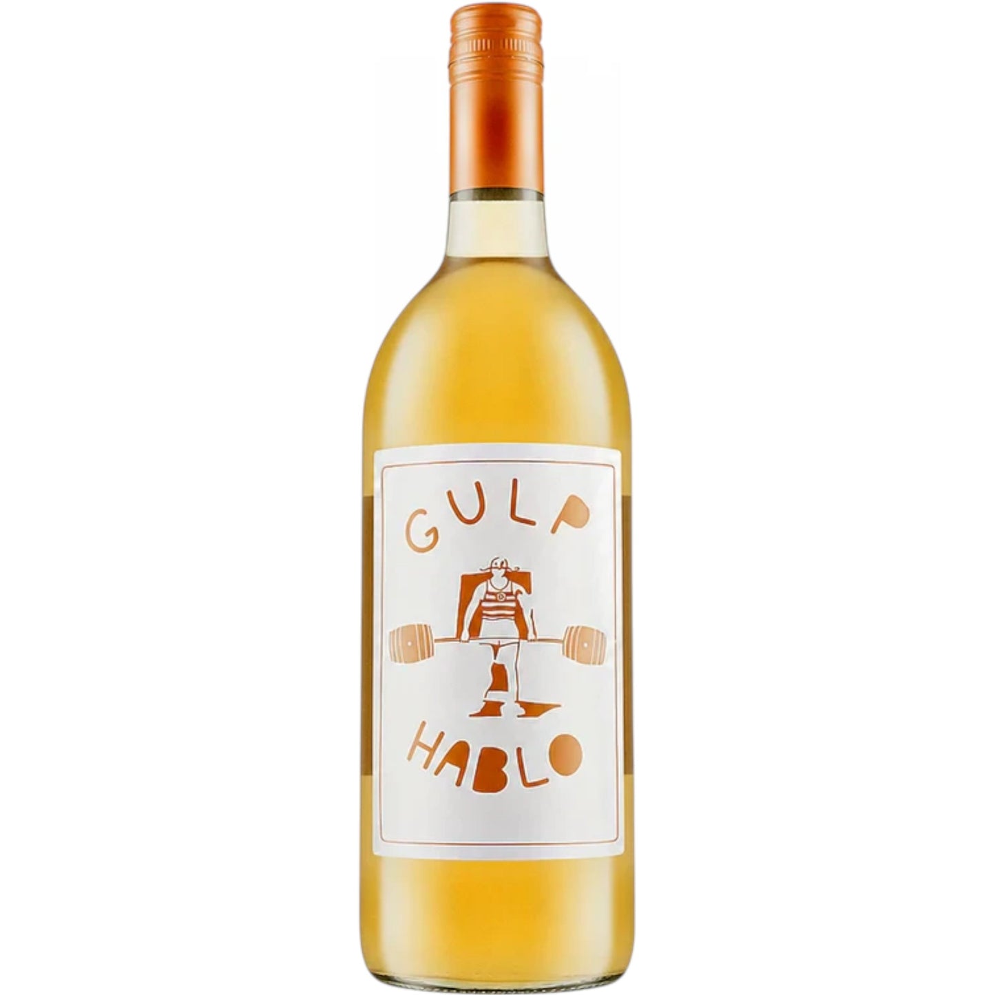 Stowe Public House & Bottle Shop Gulp Hablo orange wine bottle with a weightlifter illustration on the label