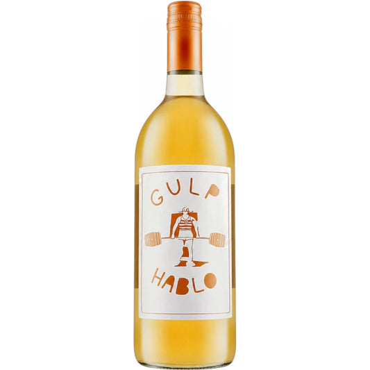 Stowe Public House & Bottle Shop Gulp Hablo orange wine bottle with a weightlifter illustration on the label