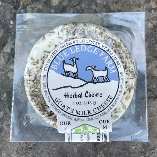 Stowe Public House & Bottle Shop Blue Ledge Farm 4 oz herbal chèvre goat cheese medallion in vacuum-sealed packaging