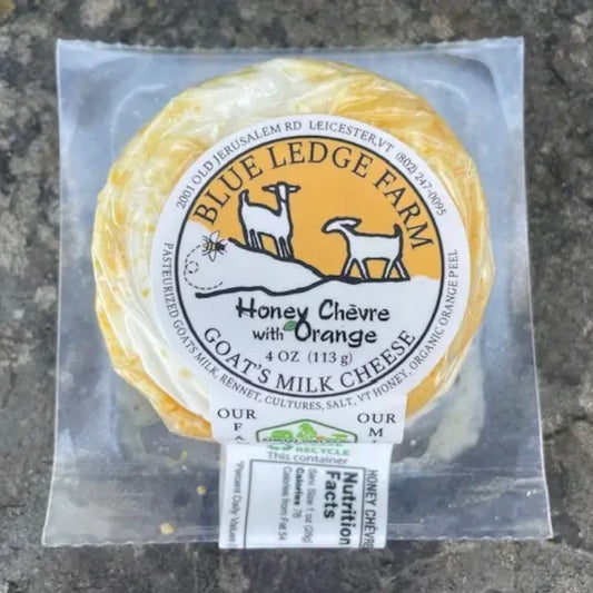 Stowe Public House & Bottle Shop Blue Ledge Farm honey chèvre goat cheese medallion with orange zest in packaging