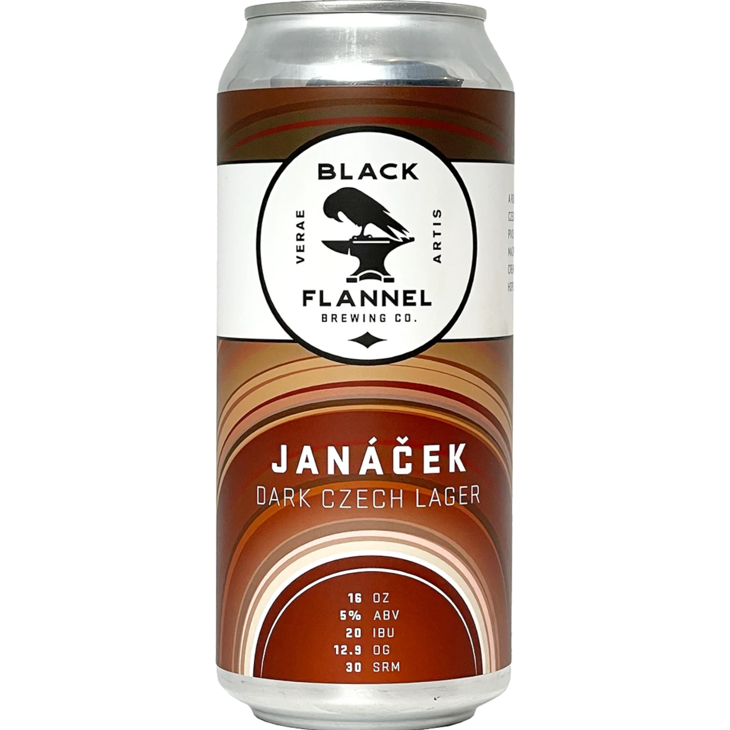 Stowe Public House & Bottle Shop Black Flannel Brewing Janáček Dark Czech Lager 16oz can with brown swirl design