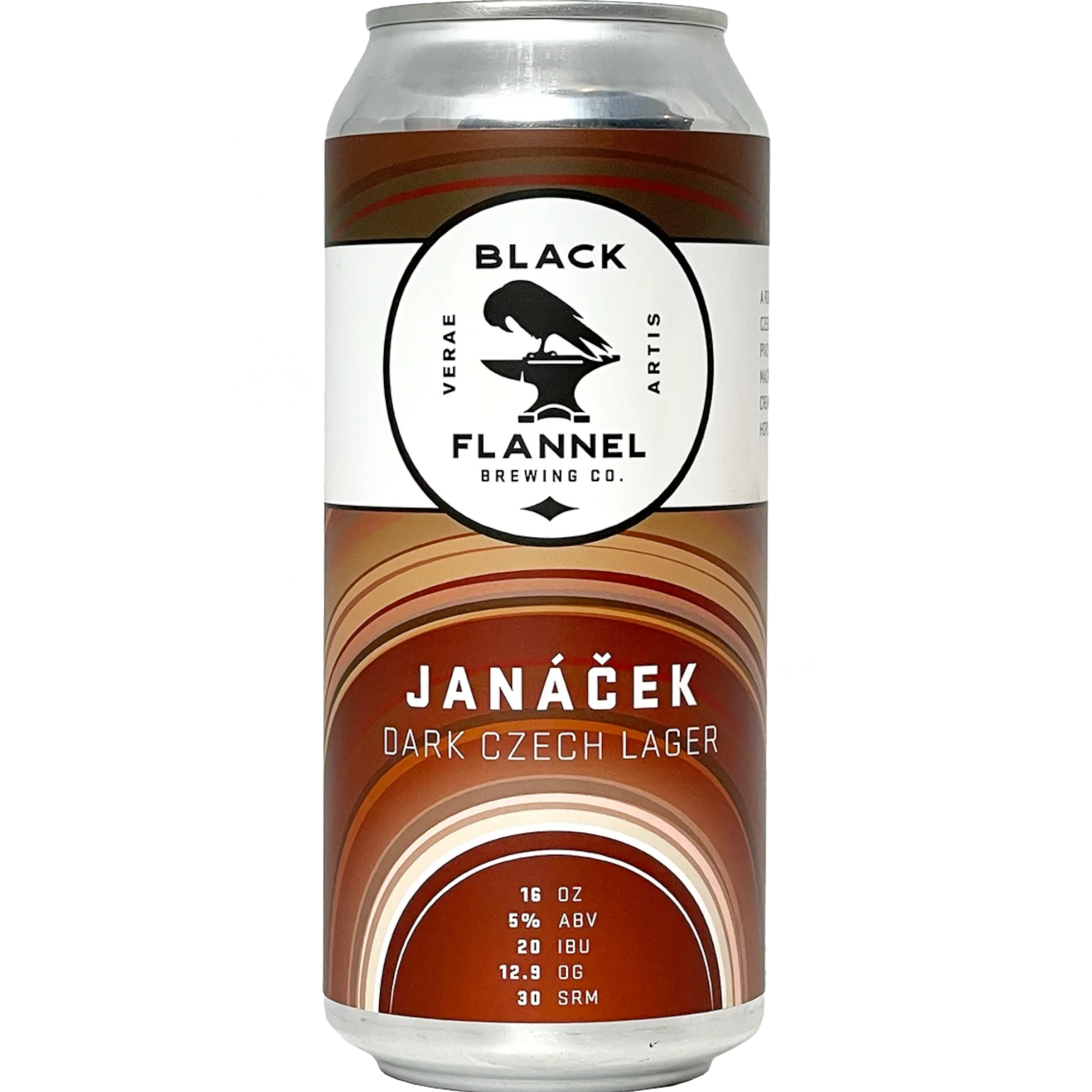 Stowe Public House & Bottle Shop Black Flannel Brewing Janáček Dark Czech Lager 16oz can with brown swirl design