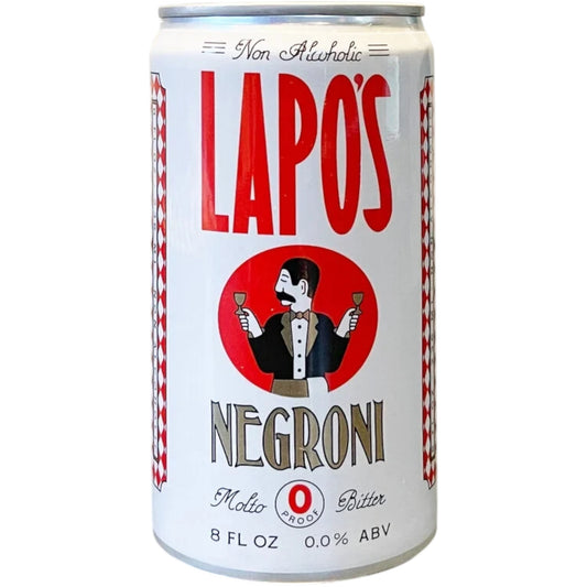 Stowe Public House & Bottle Shop Lapo's non-alcoholic Negroni cocktail in a white can with red branding and graphics.