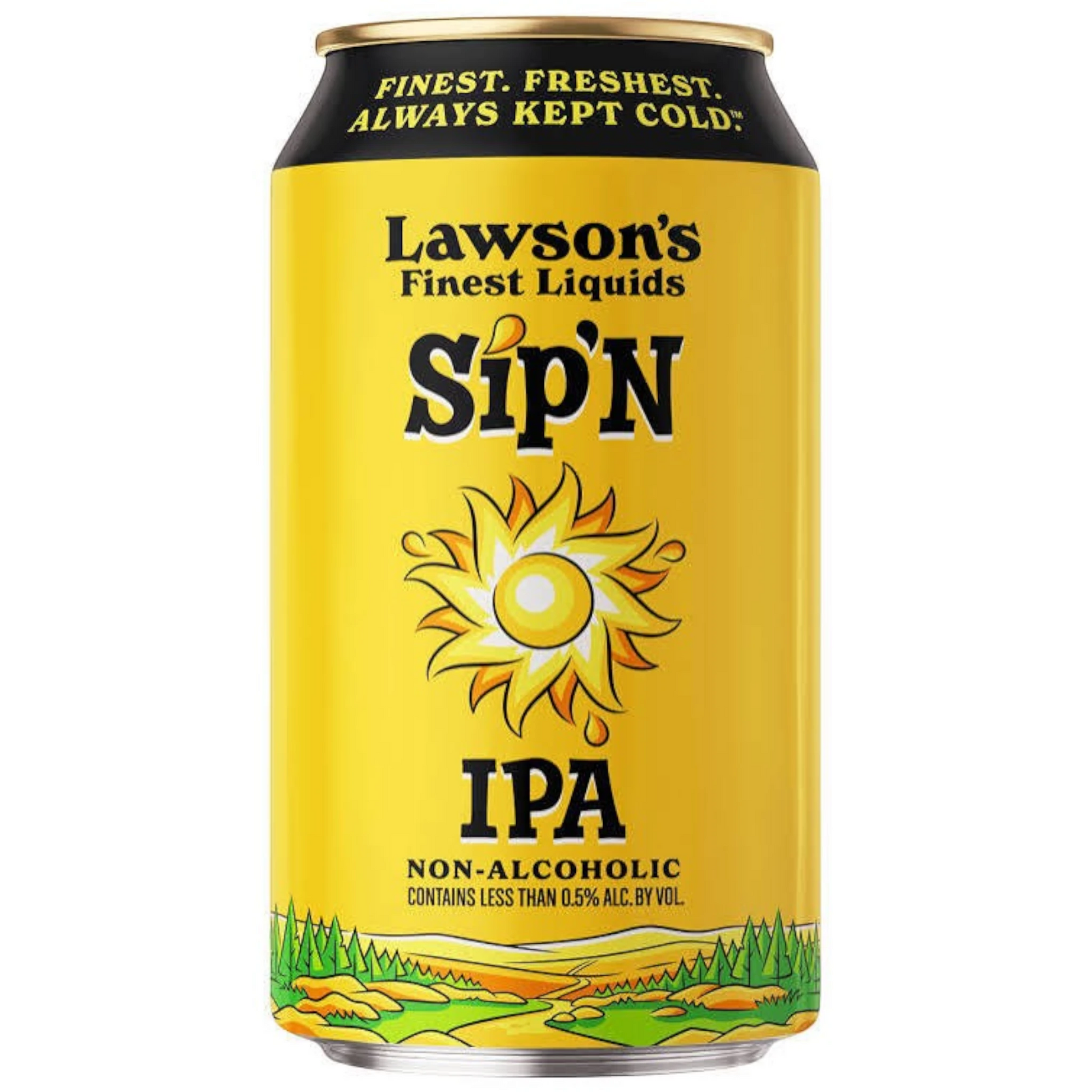 Stowe Public House & Bottle Shop Lawson's Finest Sip'N non-alcoholic IPA can with yellow label and sun illustration