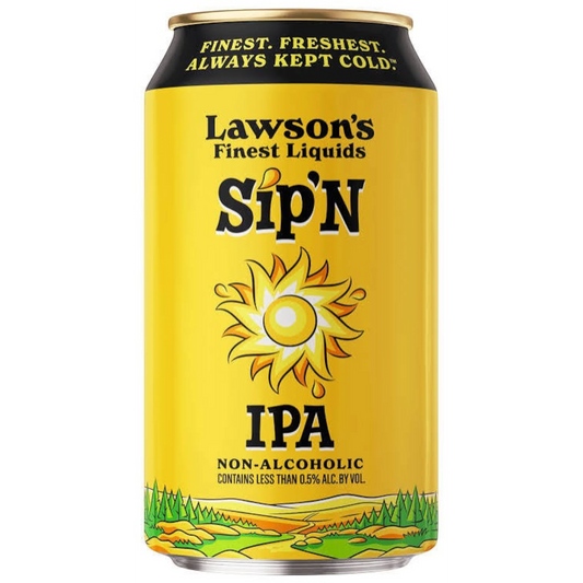 Stowe Public House & Bottle Shop Lawson's Finest Sip'N non-alcoholic IPA can with yellow label and sun illustration