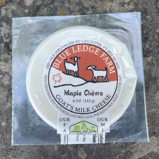 Stowe Public House & Bottle Shop Blue Ledge Farm 4 oz maple chèvre goat cheese medallion in vacuum-sealed packaging