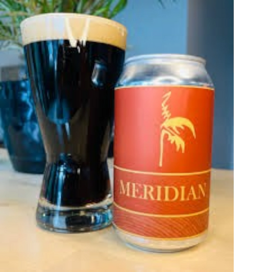 Stowe Public House & Bottle Shop Meridian Porter beer can next to a glass of dark porter with a thick tan head.
