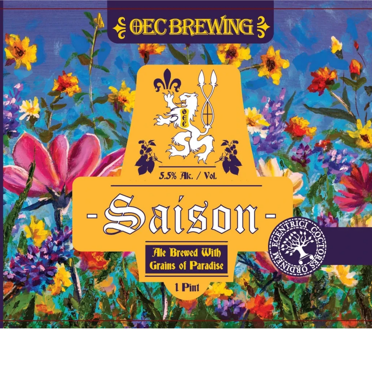 Stowe Public House & Bottle Shop OEC Brewing Saison beer label featuring vibrant floral artwork and golden accents.