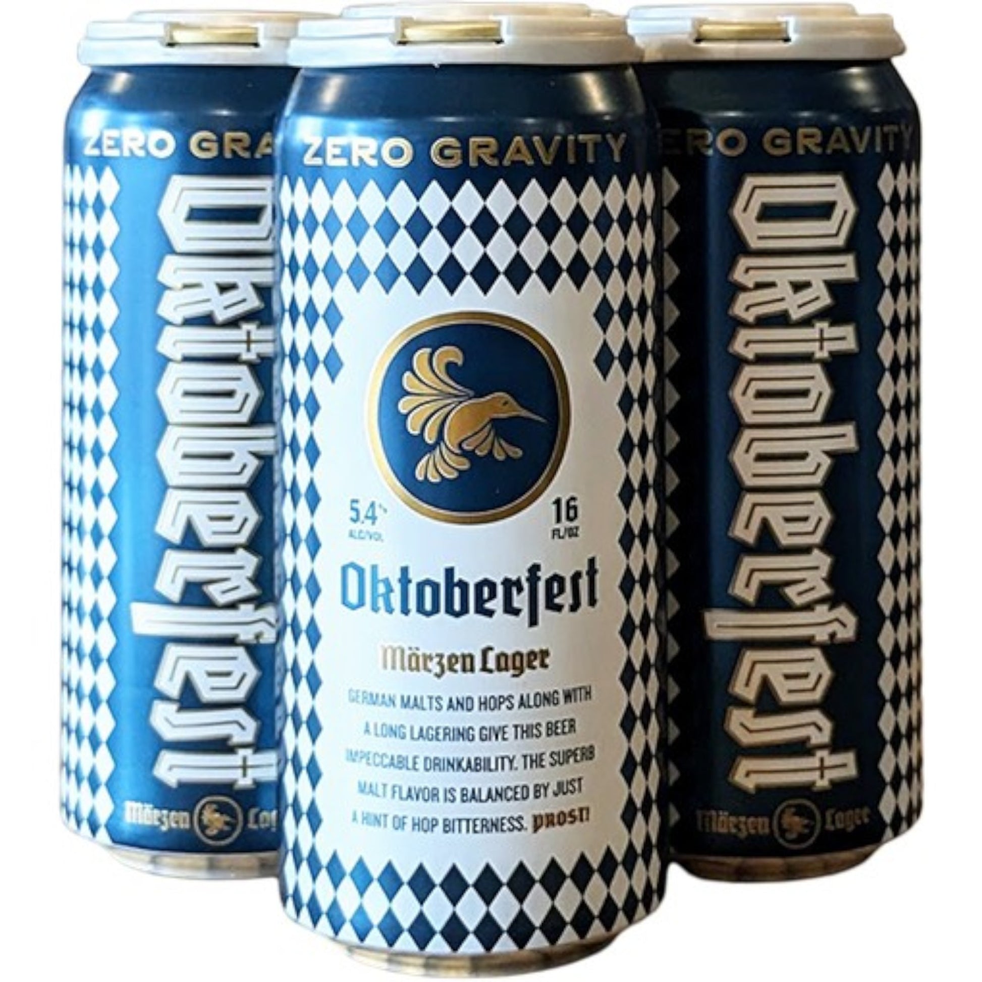 Stowe Public House & Bottle Shop Zero Gravity Oktoberfest Marzen Lager beer cans with blue and white diamond pattern