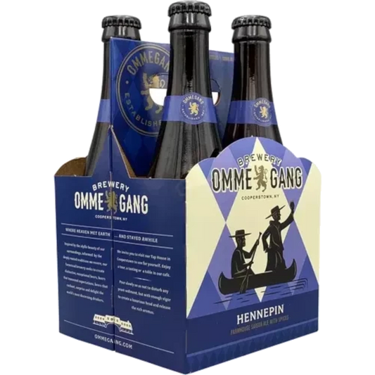 Stowe Public House & Bottle Shop Brewery Ommegang Hennepin Farmhouse Saison four-pack with blue and white branding.