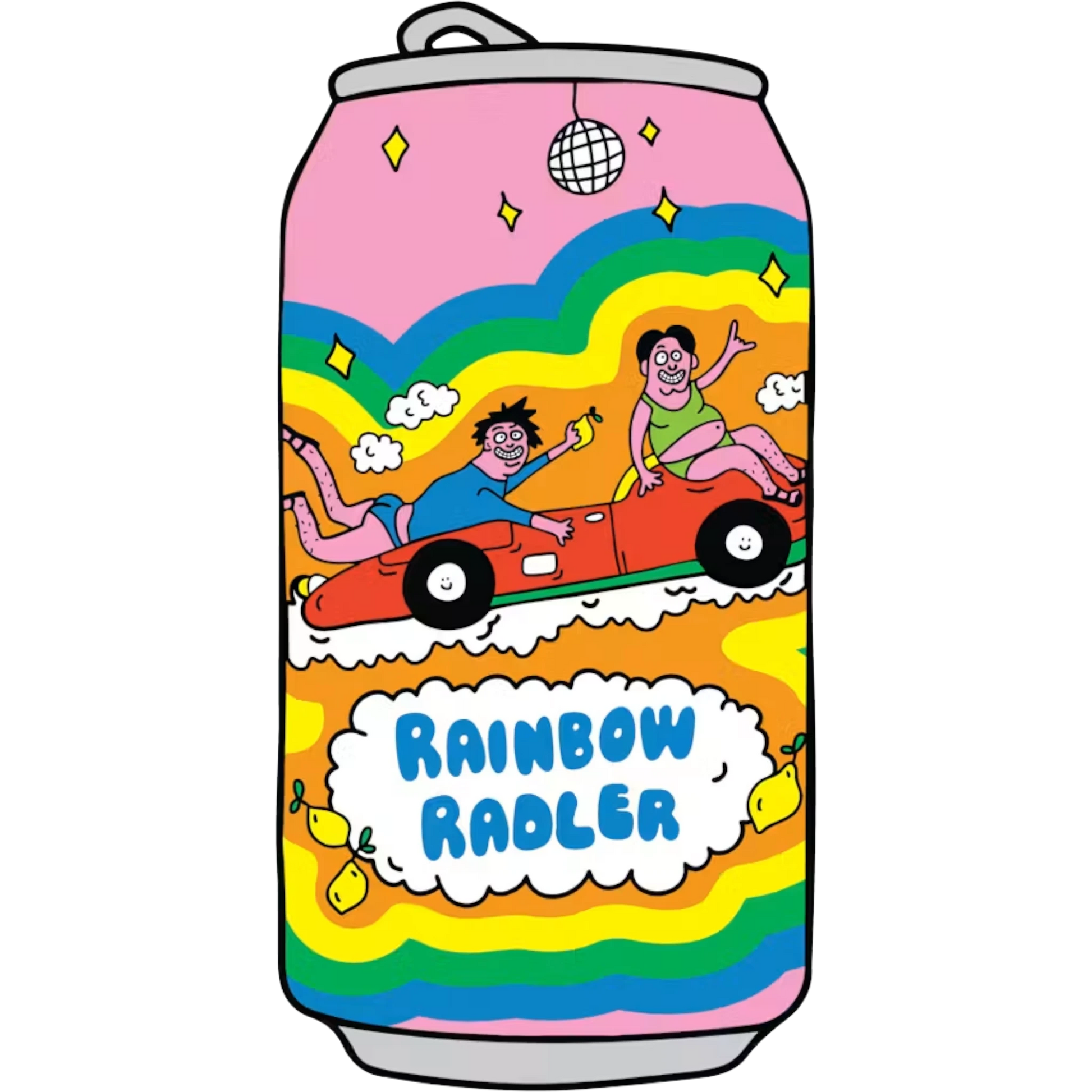 Stowe Public House & Bottle Shop Prairie Artisan Ales Rainbow Radler can with colorful retro cartoon car illustration