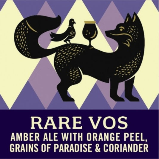 Stowe Public House & Bottle Shop Brewery Ommegang Rare Vos amber ale label with a black fox, pigeon, and beer glass.