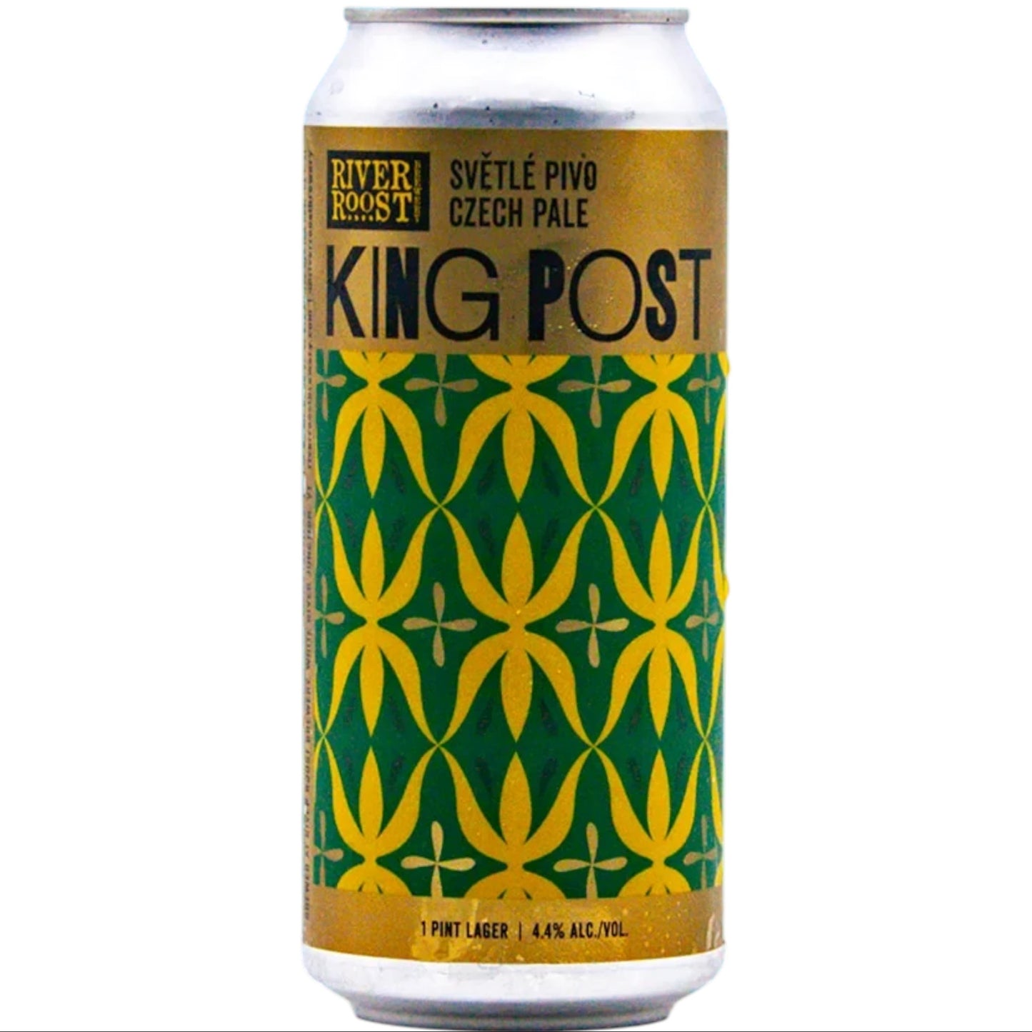 Stowe Public House & Bottle Shop River Roost King Post Czech Pale Lager beer can with green and gold geometric design