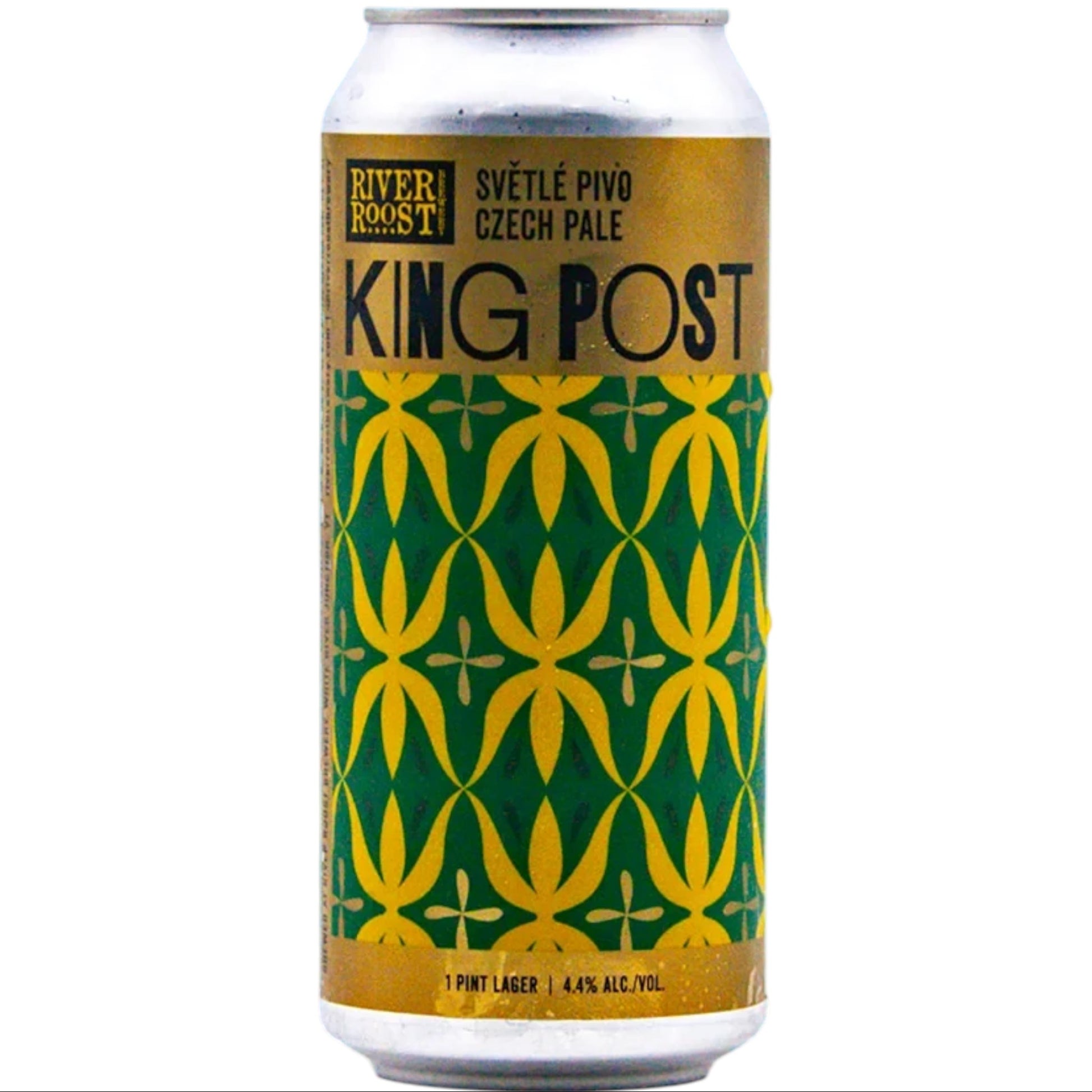 Stowe Public House & Bottle Shop River Roost King Post Czech Pale Lager beer can with green and gold geometric design