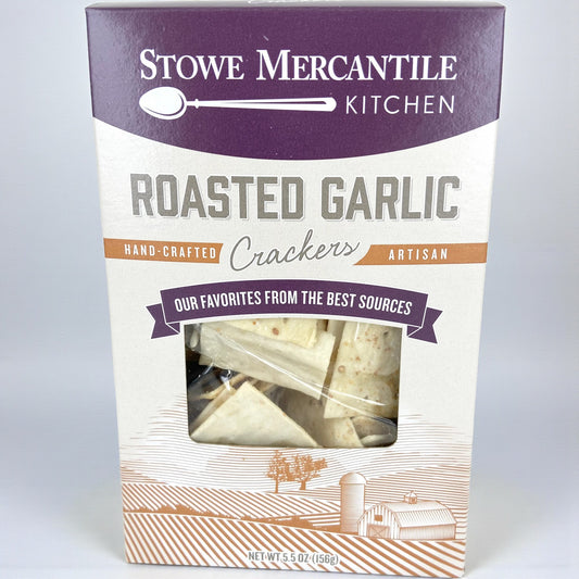 Stowe Public House & Bottle Shop Roasted Garlic Artisan Crackers, light, crispy, and handmade.