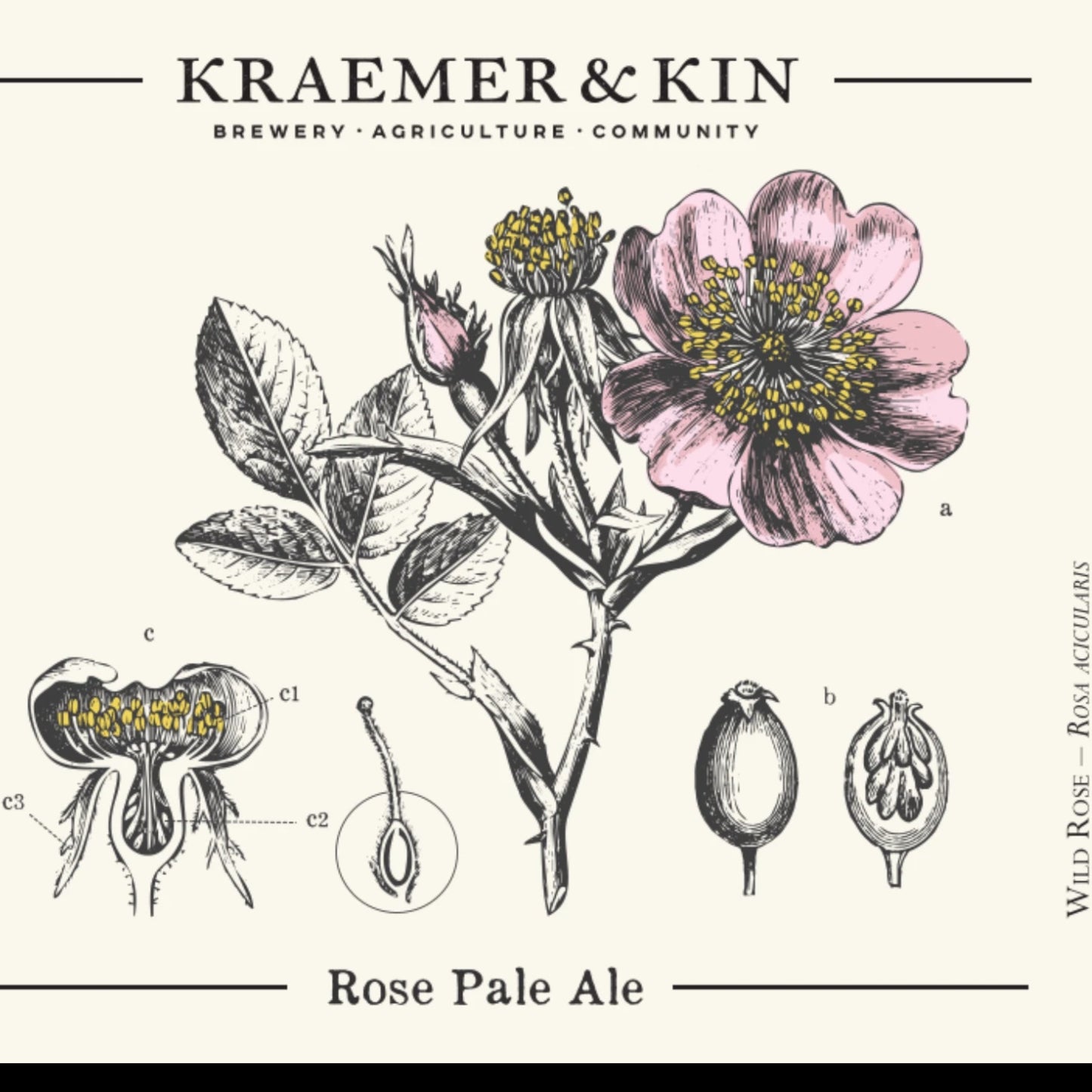 Stowe Public House & Bottle Shop Kraemer & Kin Rose Hip Pale Ale beer label with botanical wild rose illustration