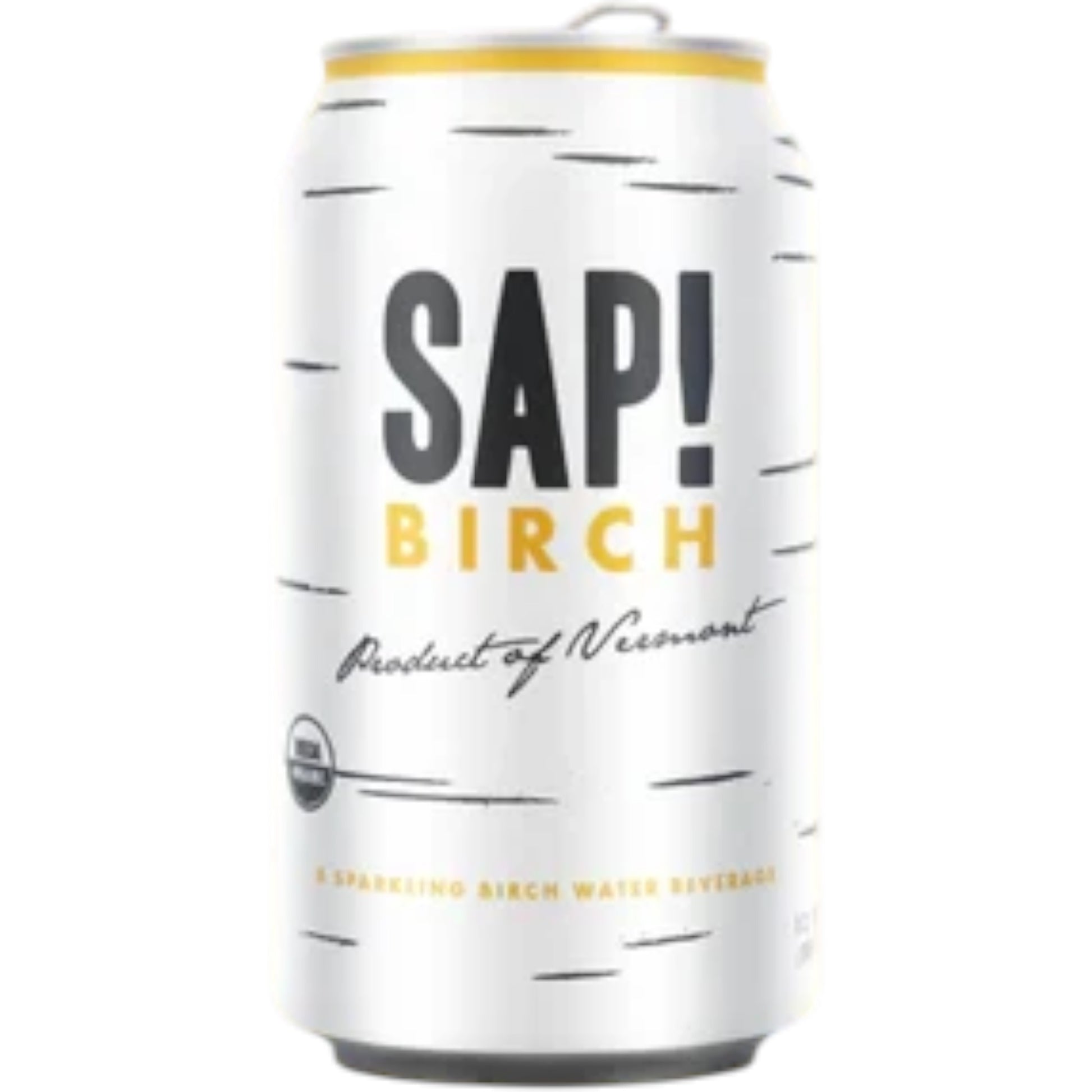 Stowe Public House & Bottle Shop Sap! Birch sparkling water can with white birch bark pattern on yellow background