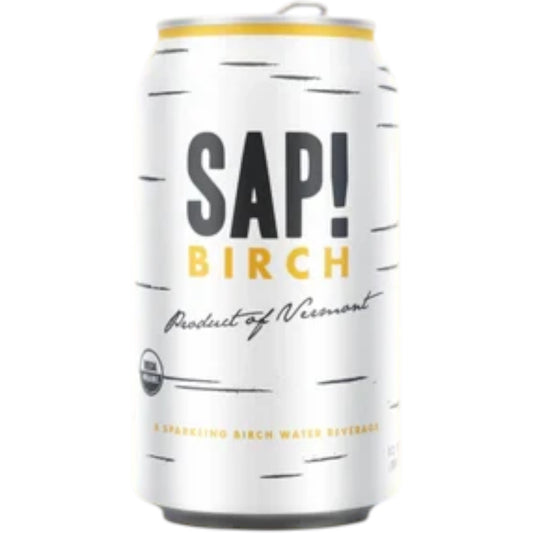 Stowe Public House & Bottle Shop Sap! Birch sparkling water can with white birch bark pattern on yellow background